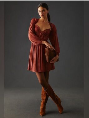 Anthropologie Shirred Cutout Rust Orange Mini Dress Size S NWOT